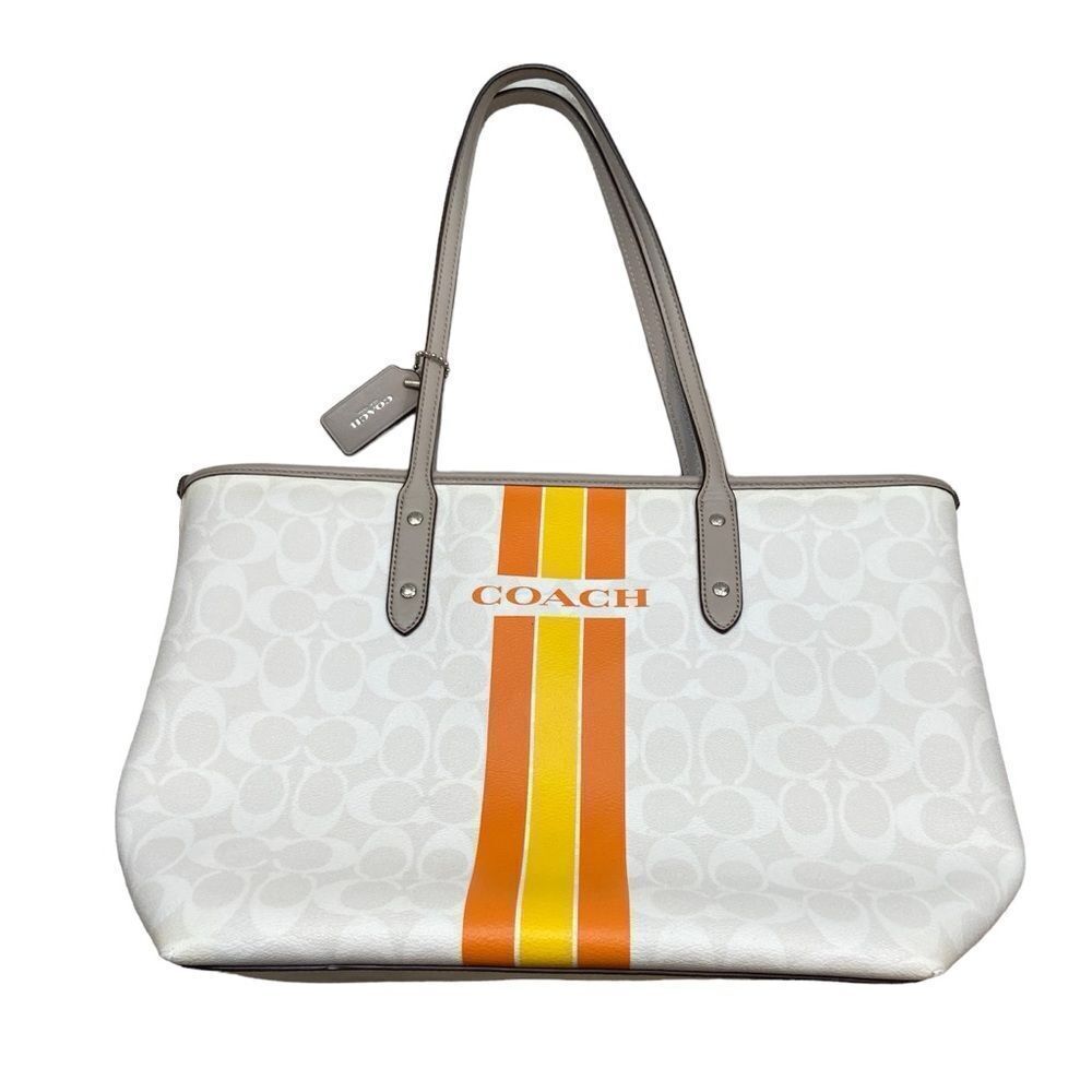 Coach Varsity Stripe City Zip Tote in Signature Silver/Chalk Orange